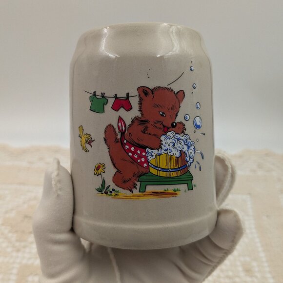 Pair of Adorable Stoneware Mugs / Steins Adorned with Vintage Style Bears - Picture 2 of 8